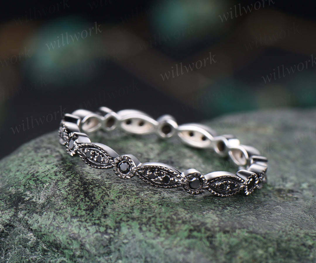 Vintage black diamonds wedding band milgrain art dece full eternity band 14k white gold unique stacking ring bridal gifts anniversary promise ring
