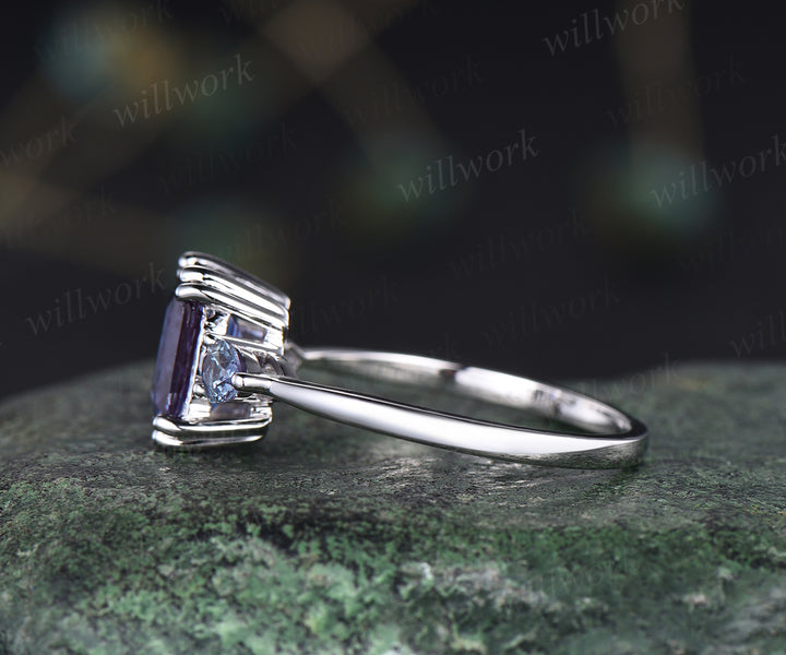 Vintage emerald alexandrite engagement ring unique double prong 3 stones ring deco pear alexandrite June birthstone promise ring anniversary gifts