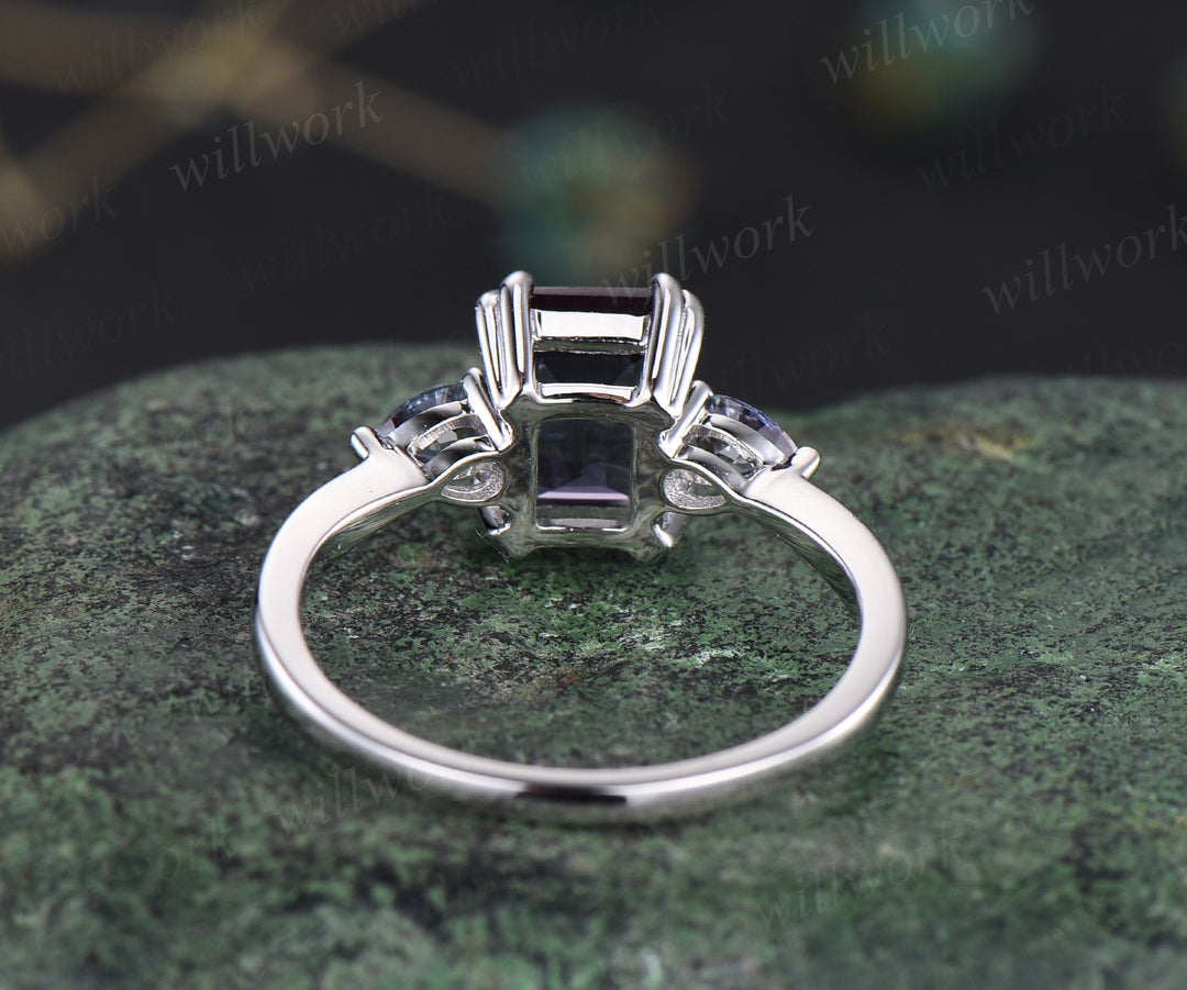 Vintage emerald alexandrite engagement ring unique double prong 3 stones ring deco pear alexandrite June birthstone promise ring anniversary gifts