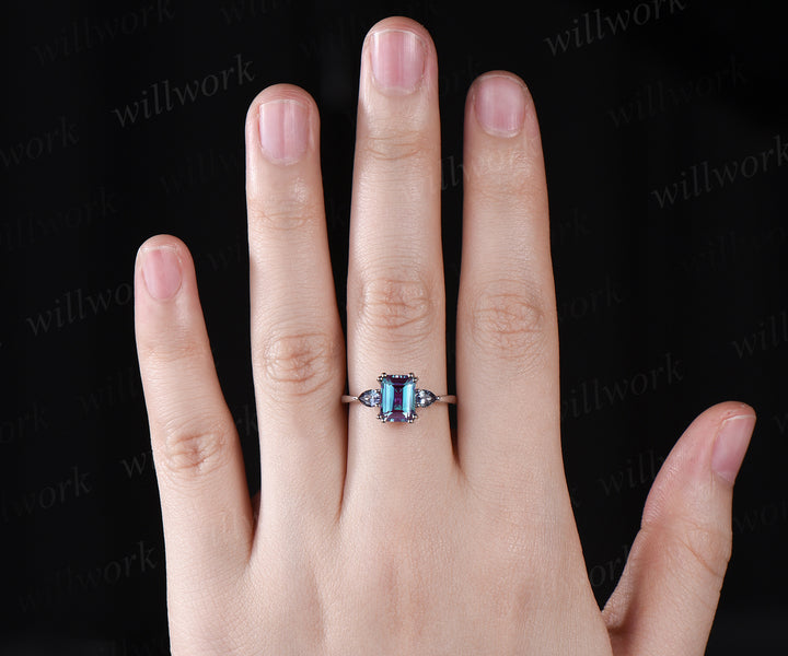 Vintage emerald alexandrite engagement ring unique double prong 3 stones ring deco pear alexandrite June birthstone promise ring anniversary gifts