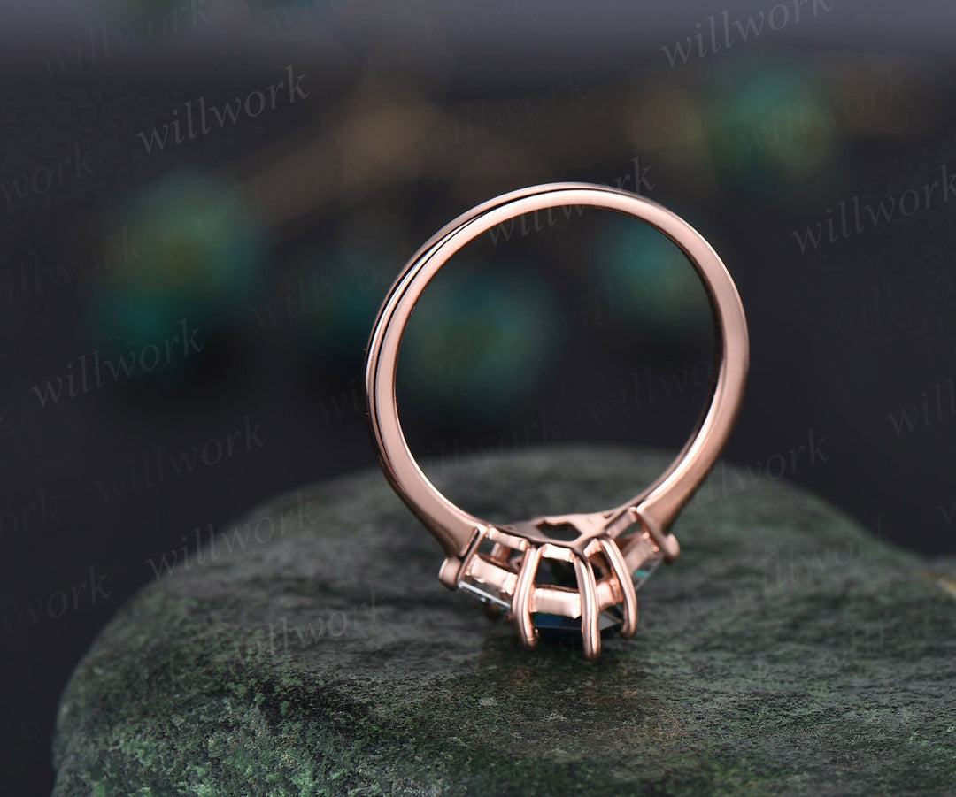 Long hexagon London blue topaz ring rose gold amethyst wedding ring Trilliant moissantie ring three stone engagement ring women crystal ring