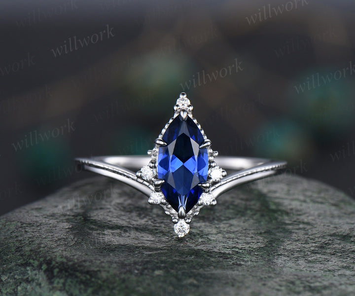 Marquise sapphire ring Vintage white gold cluster diamond ring unique engagement ring stacking ring set 6 prong bridal set women jewelry