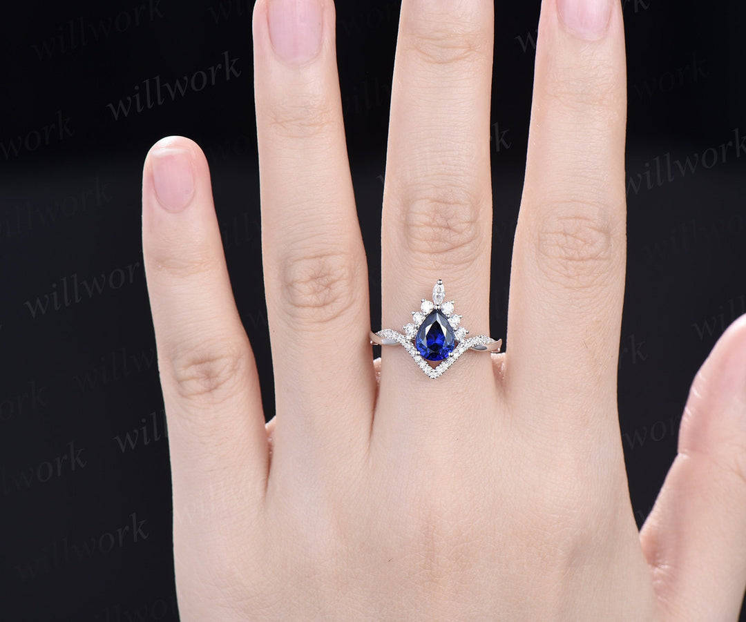 Pear blue sapphire ring rose gold Twisted halo moissanite ring art deco opal ring women unique engagement ring vintage marquise bridal set
