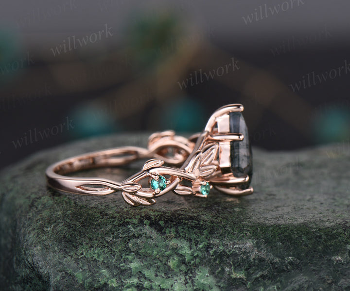 Twig moss agate ring vintage kite cut moss agate engagement ring nature inspired white gold ring leaf emerald ring women unique wedding ring