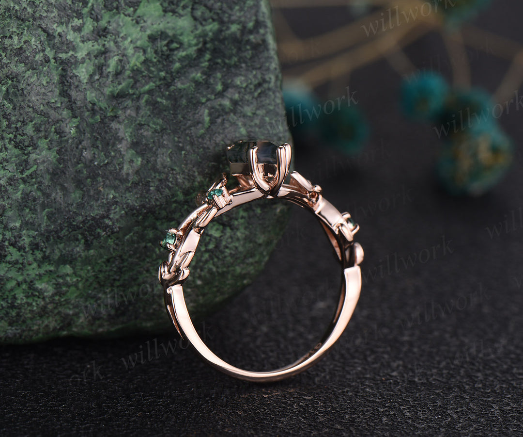 Twig moss agate ring vintage kite cut moss agate engagement ring nature inspired white gold ring leaf emerald ring women unique wedding ring
