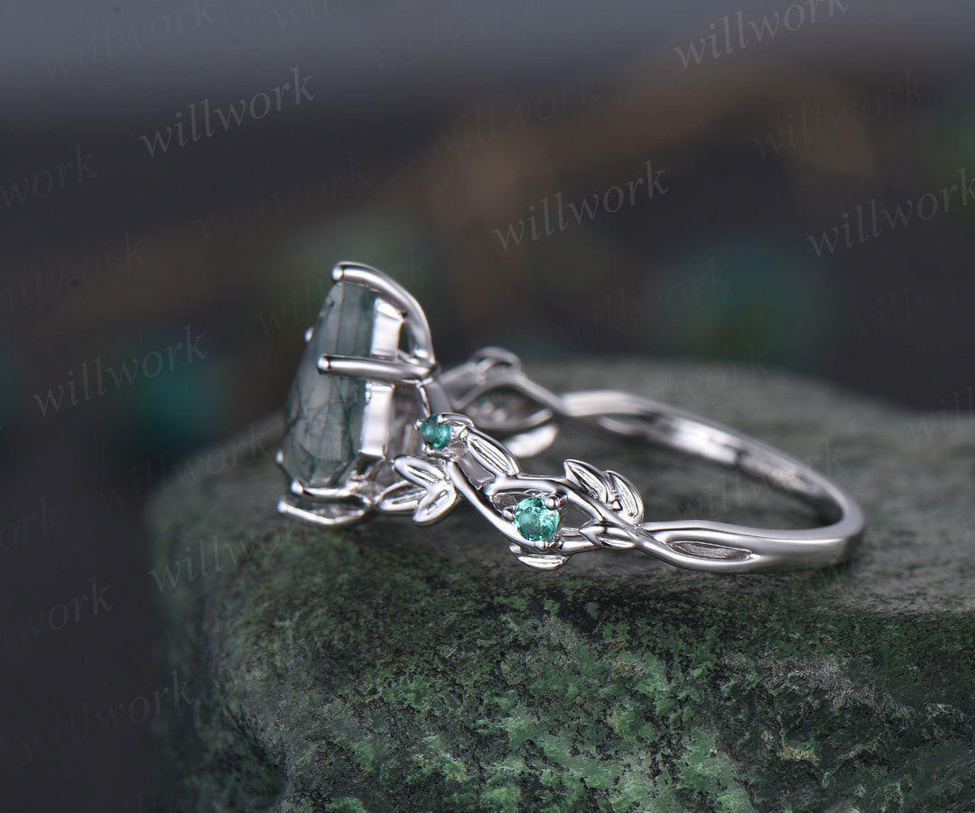 Twig moss agate ring vintage kite cut moss agate engagement ring nature inspired white gold ring leaf emerald ring women unique wedding ring