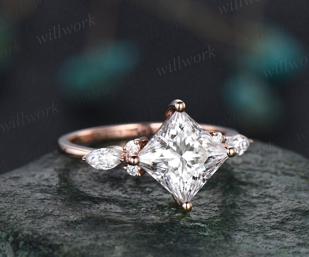Vintage princess cut moissanite engagement ring set 14k rose gold unique engagement ring marquise cut moissanite ring set fine jewelry women