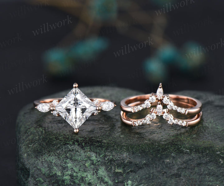Vintage princess cut moissanite engagement ring set 14k rose gold unique engagement ring marquise cut moissanite ring set fine jewelry women