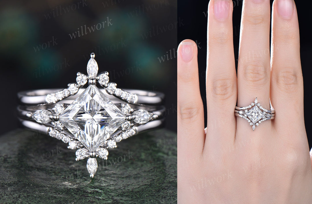 Vintage princess cut moissanite engagement ring set 14k rose gold unique engagement ring marquise cut moissanite ring set fine jewelry women