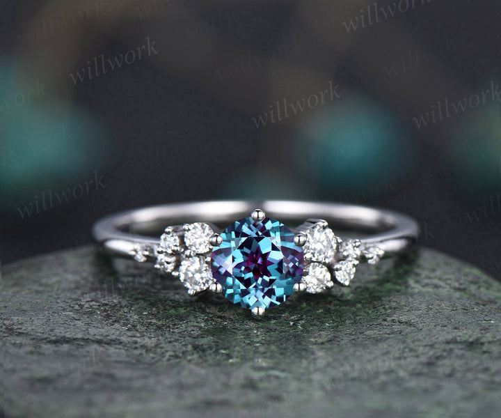Vintage round alexandrite engagement ring white gold unique snowdrift 6 prong engagement ring dainty diamond wedding ring for women gift