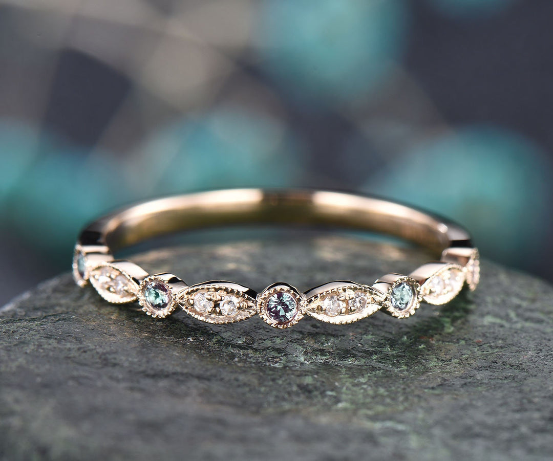 Alexandrite wedding band half eternity bezel milgrain diamond wedding ring band women 14k rose gold vintage art deco anniversary ring gifts