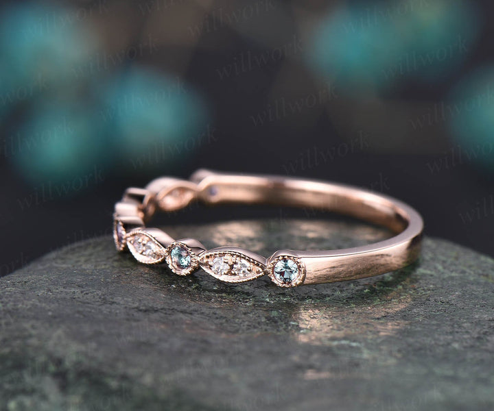 Alexandrite wedding band half eternity bezel milgrain diamond wedding ring band women 14k rose gold vintage art deco anniversary ring gifts