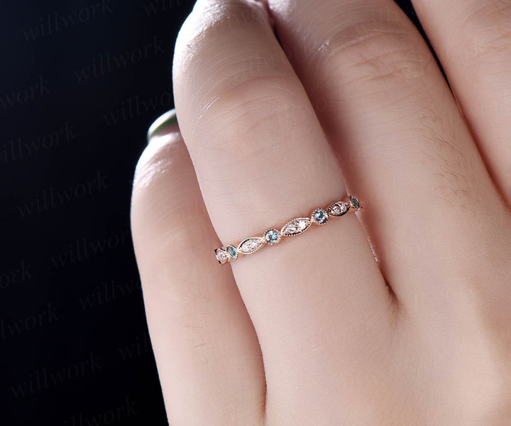 Alexandrite wedding band half eternity bezel milgrain diamond wedding ring band women 14k rose gold vintage art deco anniversary ring gifts