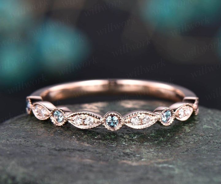 Alexandrite wedding band half eternity bezel milgrain diamond wedding ring band women 14k rose gold vintage art deco anniversary ring gifts