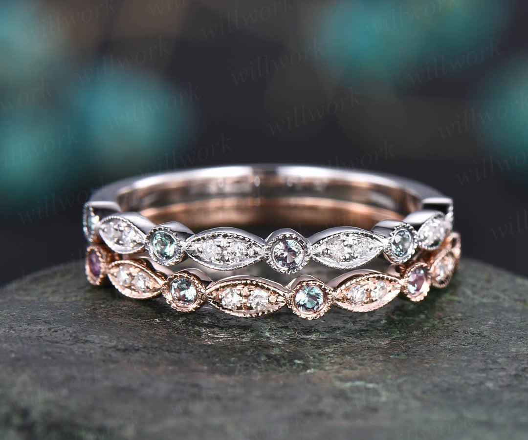Alexandrite wedding band half eternity bezel milgrain diamond wedding ring band women 14k rose gold vintage art deco anniversary ring gifts