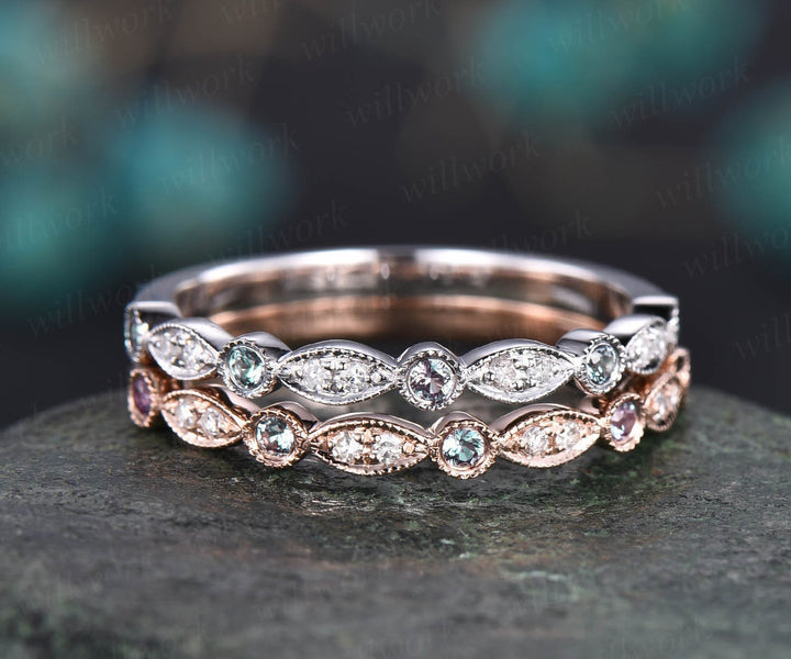 Alexandrite wedding band half eternity bezel milgrain diamond wedding ring band women 14k rose gold vintage art deco anniversary ring gifts