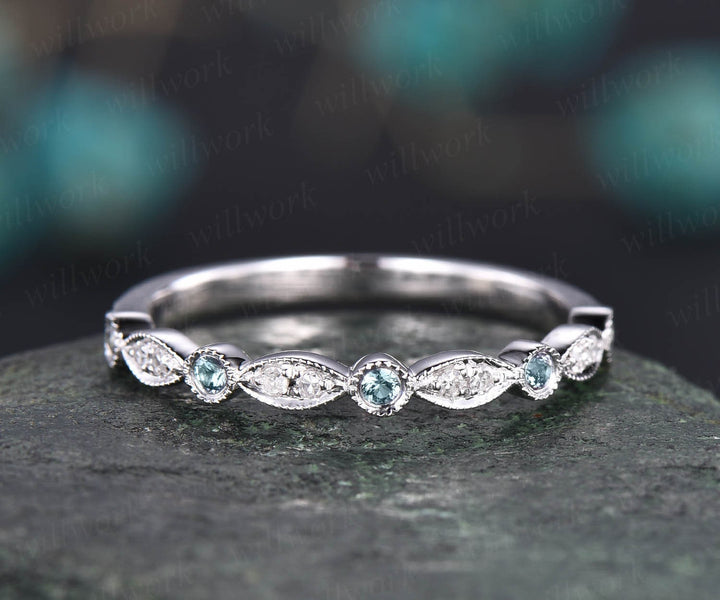 Alexandrite wedding band half eternity bezel milgrain diamond wedding ring band women 14k rose gold vintage art deco anniversary ring gifts