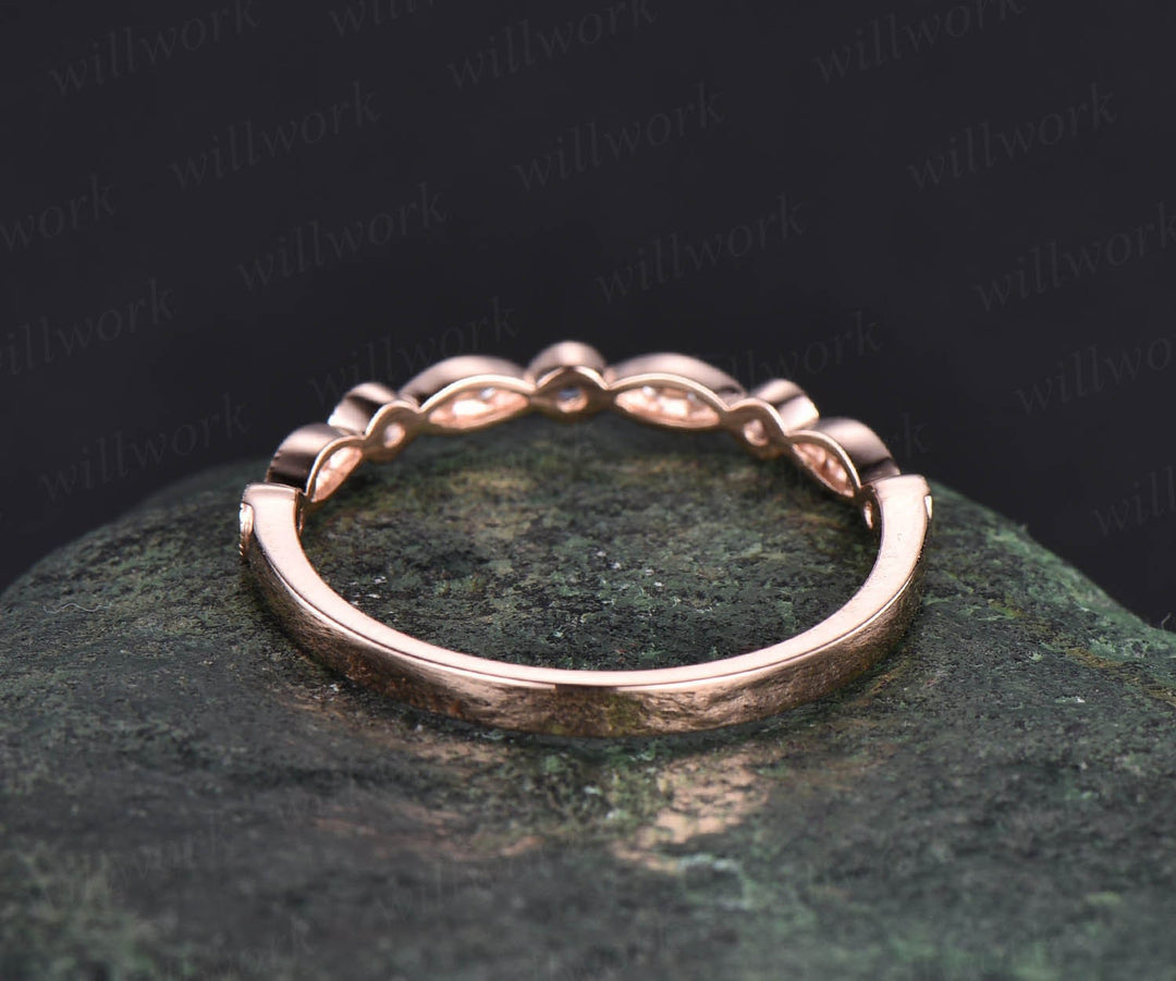 Alexandrite wedding band half eternity bezel milgrain diamond wedding ring band women 14k rose gold vintage art deco anniversary ring gifts