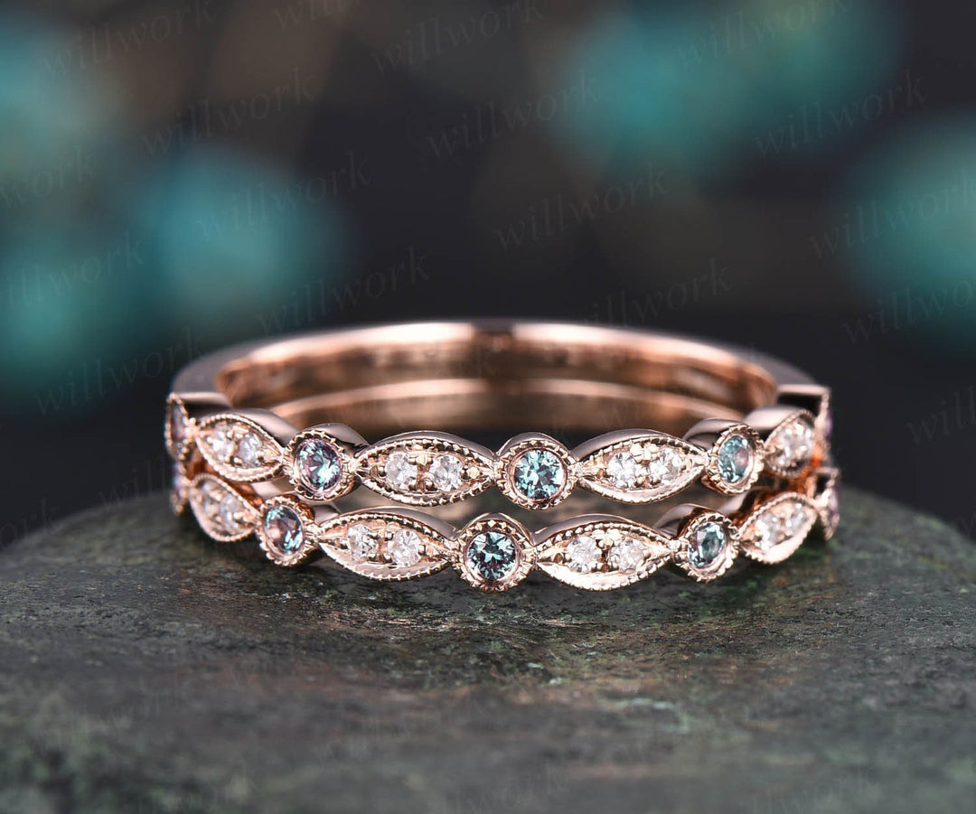 Alexandrite wedding band half eternity bezel milgrain diamond wedding ring band women 14k rose gold vintage art deco anniversary ring gifts