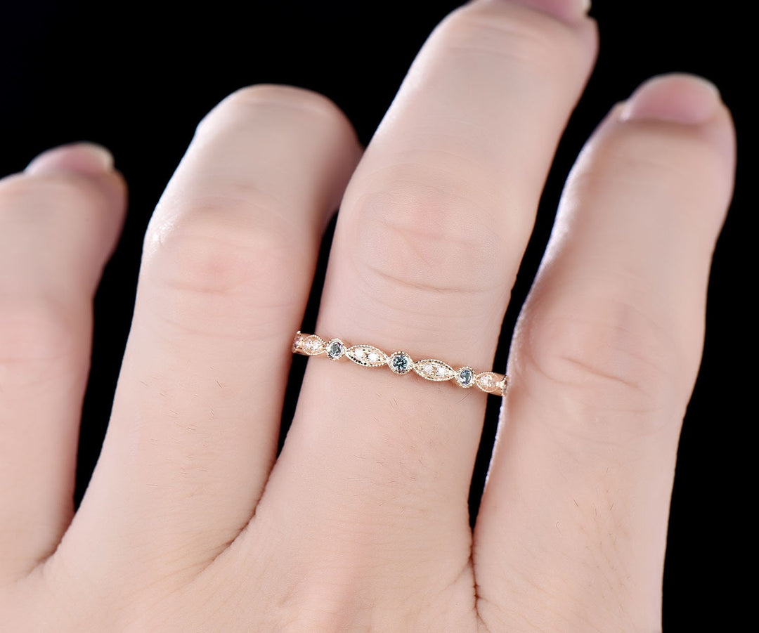 Alexandrite wedding band half eternity bezel milgrain diamond wedding ring band women 14k rose gold vintage art deco anniversary ring gifts