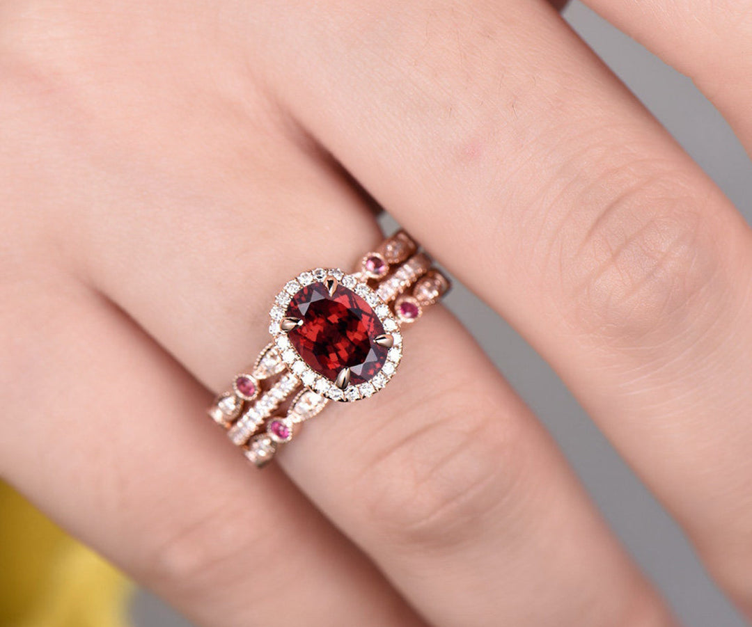 Unique engagement ring set oval garnet engagement ring set vintage natural ruby ring art deco diamond ring set 14k rose gold for women gift