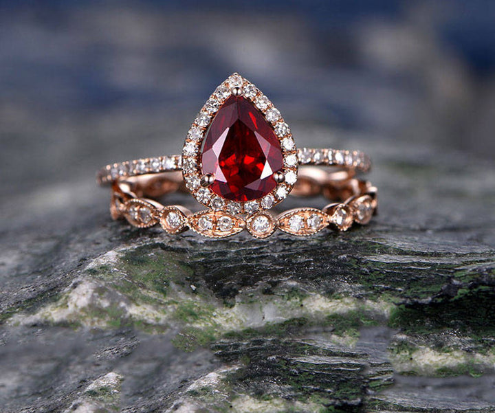 Red Garnet engagement ring-Solid 14k rose gold- Diamond Bridal ring Set-Stacking band-6x8mm Pear shaped cut gemstone promise ring for her