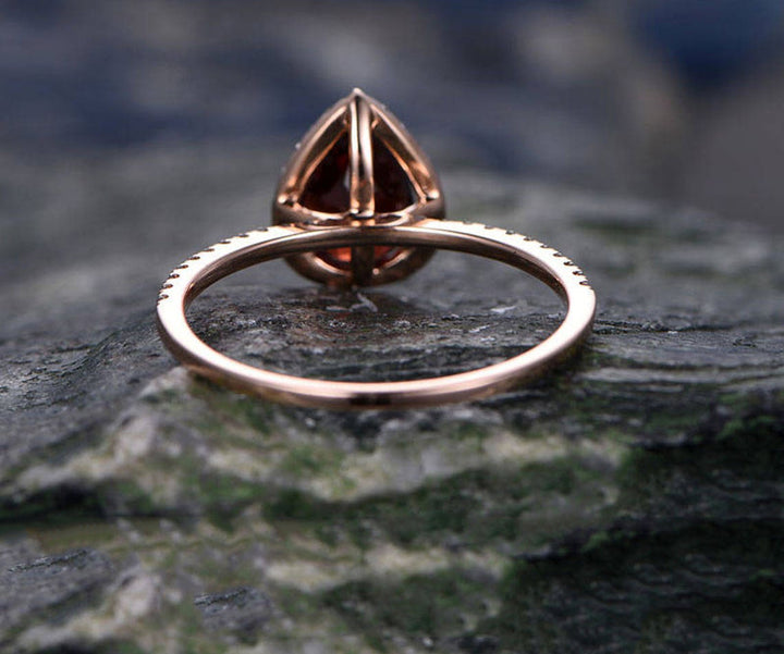 Garnet engagement ring-Solid 14k rose gold-handmade Fine halo Diamond Bridal ring-Stacking band-6x8mm tear droped cut gemstone promise ring
