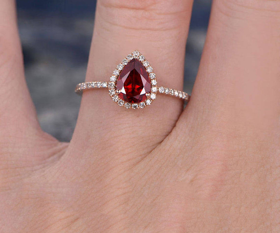 Garnet engagement ring-Solid 14k rose gold-handmade Fine halo Diamond Bridal ring-Stacking band-6x8mm tear droped cut gemstone promise ring