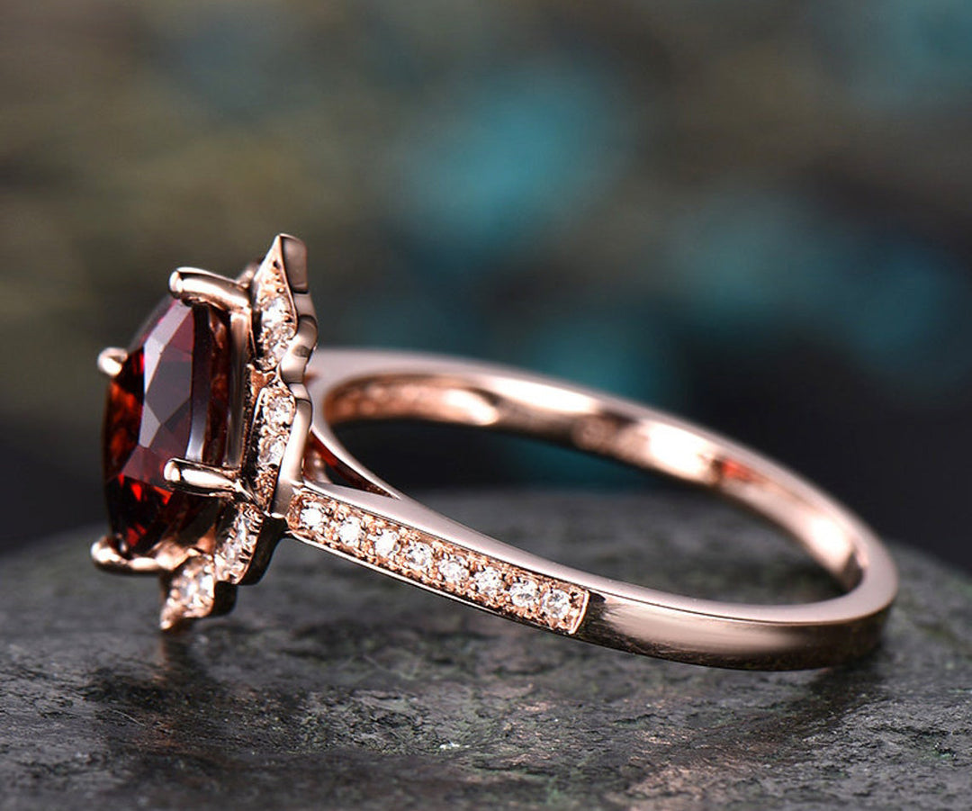 Red natural garnet engagement ring-Solid 14k Rose gold-handmade Diamond Wedding ring band -Stacking ring-7mm cushion shape gemstone-Floral