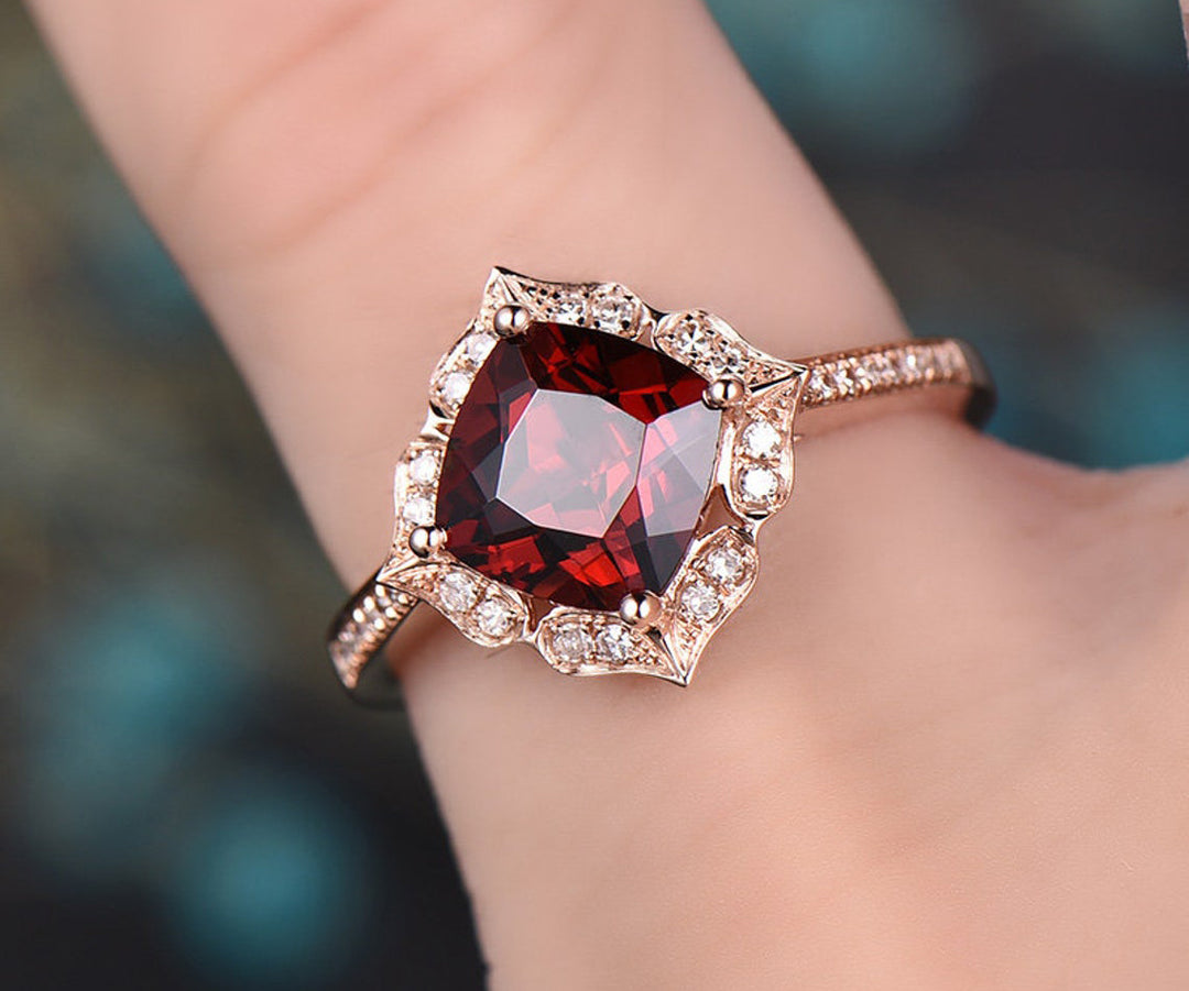Red natural garnet engagement ring-Solid 14k Rose gold-handmade Diamond Wedding ring band -Stacking ring-7mm cushion shape gemstone-Floral