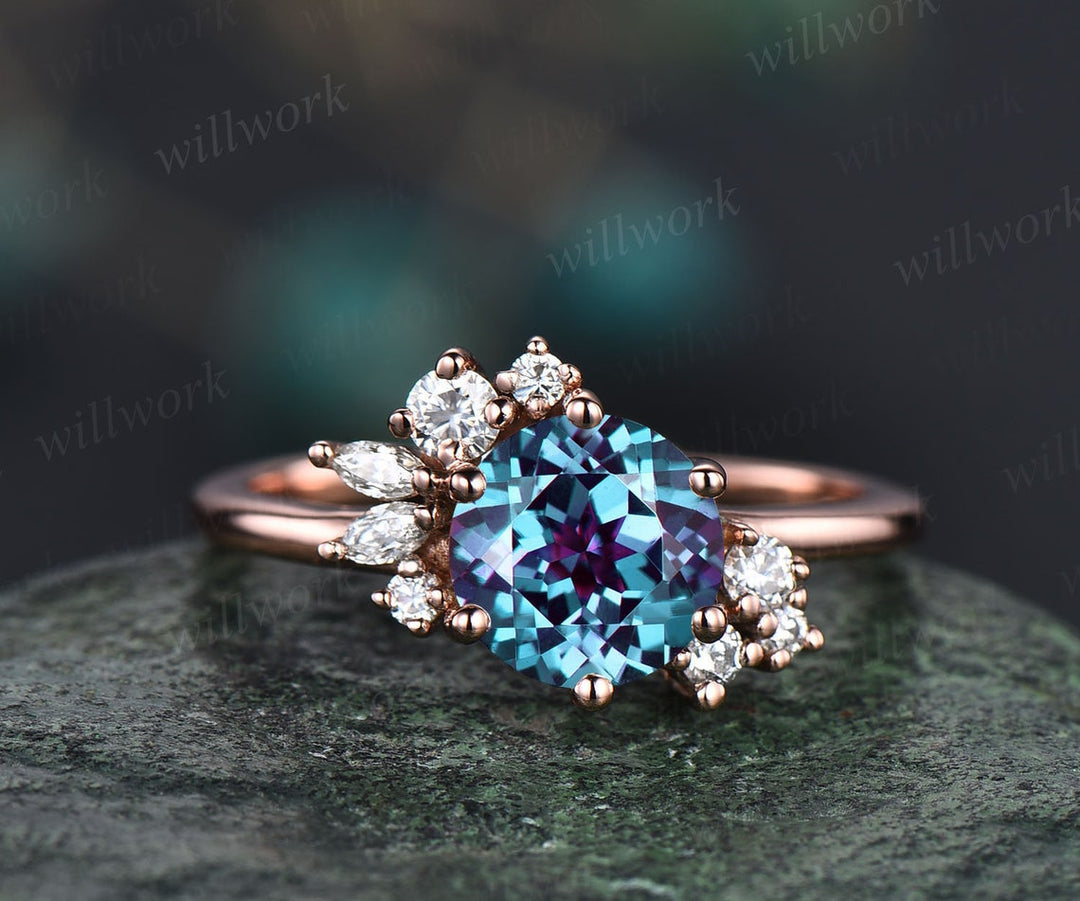 Round cut Alexandrite ring vintage cluster Alexandrite engagement ring rose gold six prong art deco diamond ring unique wedding ring women