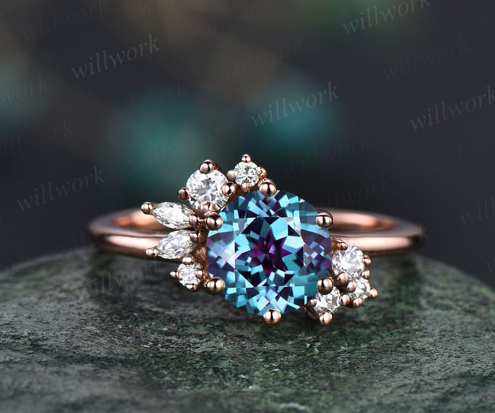 Round cut Alexandrite ring vintage cluster Alexandrite engagement ring rose gold six prong art deco diamond ring unique wedding ring women