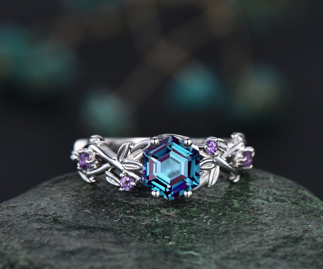 Alexandrite ring vintage hexagon cut Alexandrite engagement ring white gold leaf amethyst ring silver June birthstone ring anniversary ring