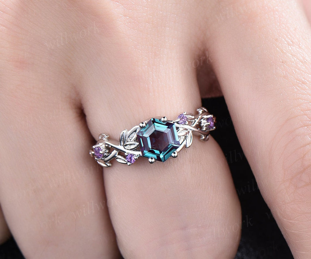 Alexandrite ring vintage hexagon cut Alexandrite engagement ring white gold leaf amethyst ring silver June birthstone ring anniversary ring