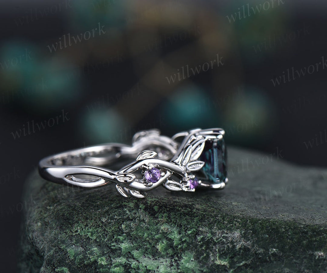 Alexandrite ring vintage hexagon cut Alexandrite engagement ring white gold leaf amethyst ring silver June birthstone ring anniversary ring