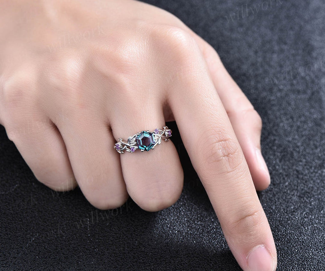 Alexandrite ring vintage hexagon cut Alexandrite engagement ring white gold leaf amethyst ring silver June birthstone ring anniversary ring