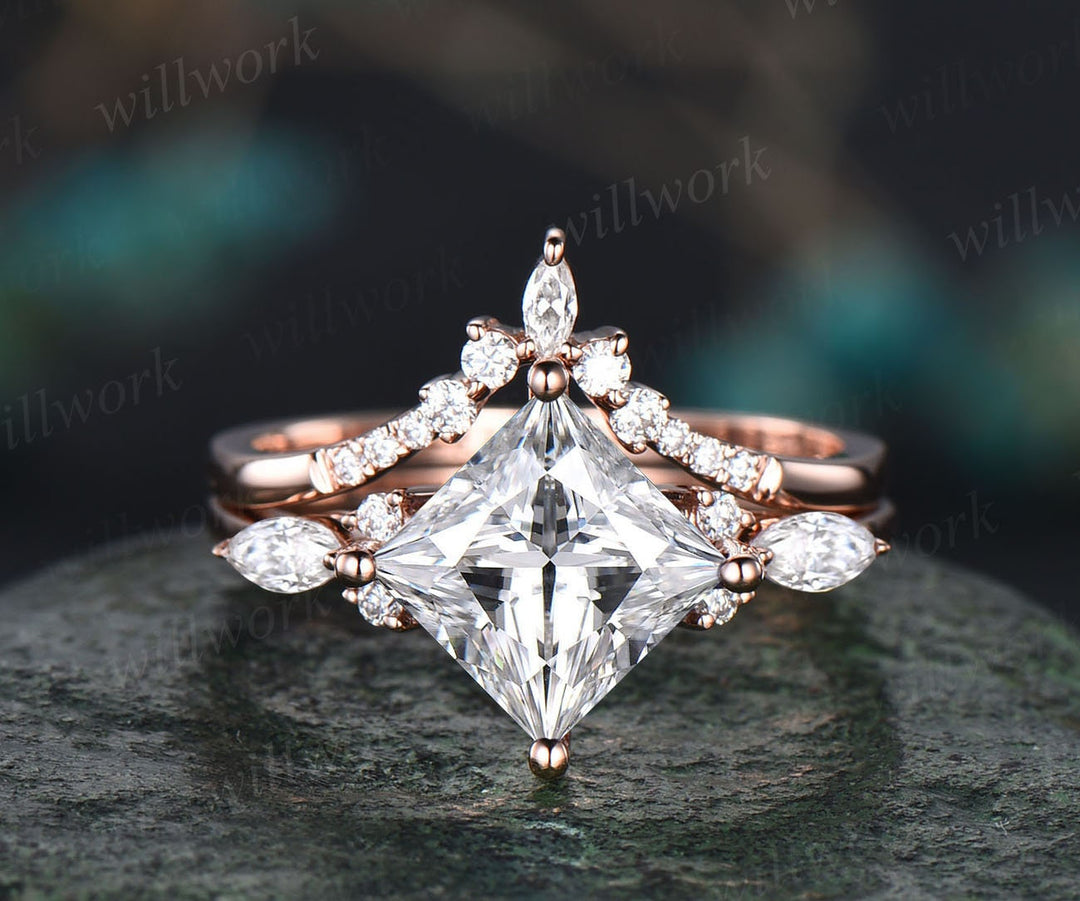 Vintage princess cut moissanite engagement ring set 14k rose gold unique engagement ring marquise cut moissanite ring set fine jewelry women