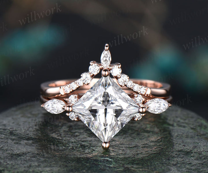 Vintage princess cut moissanite engagement ring set 14k rose gold unique engagement ring marquise cut moissanite ring set fine jewelry women