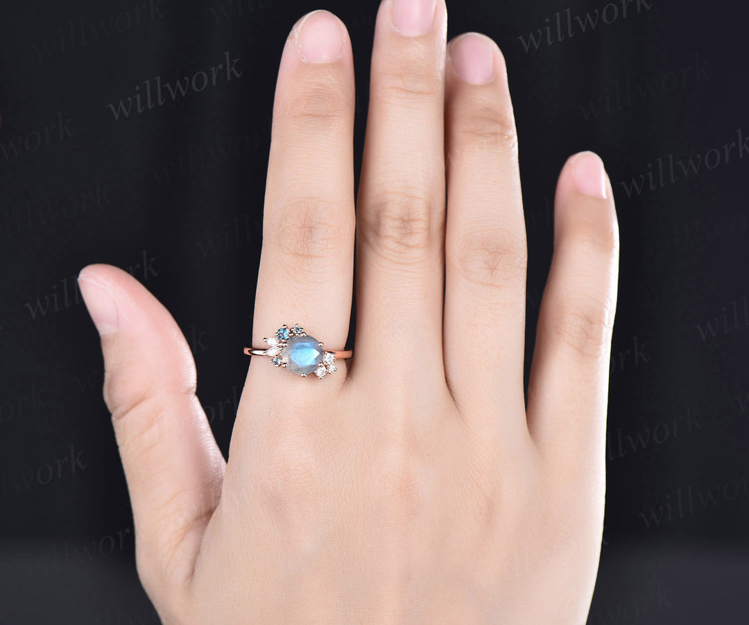 Round cut labradorite engagement ring rose gold unique alexandrites moissanites cluster bridal ring art deco blue gemstone ring for women