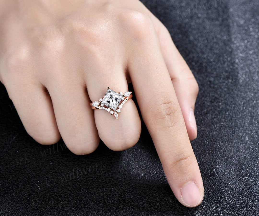 Vintage princess cut moissanite engagement ring set 14k rose gold unique engagement ring marquise cut moissanite ring set fine jewelry women