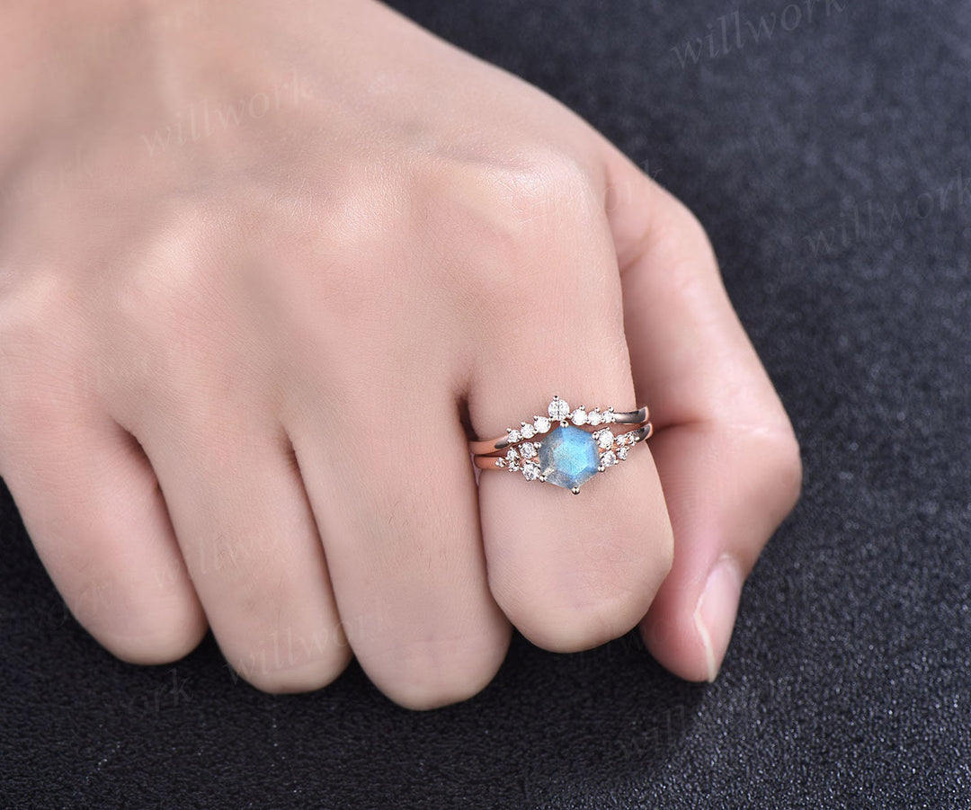 Hexagon blue labradorite engagement ring set unique labradorite snowdrift cluster art deco ring curved moissanite wedding band bridal set for women