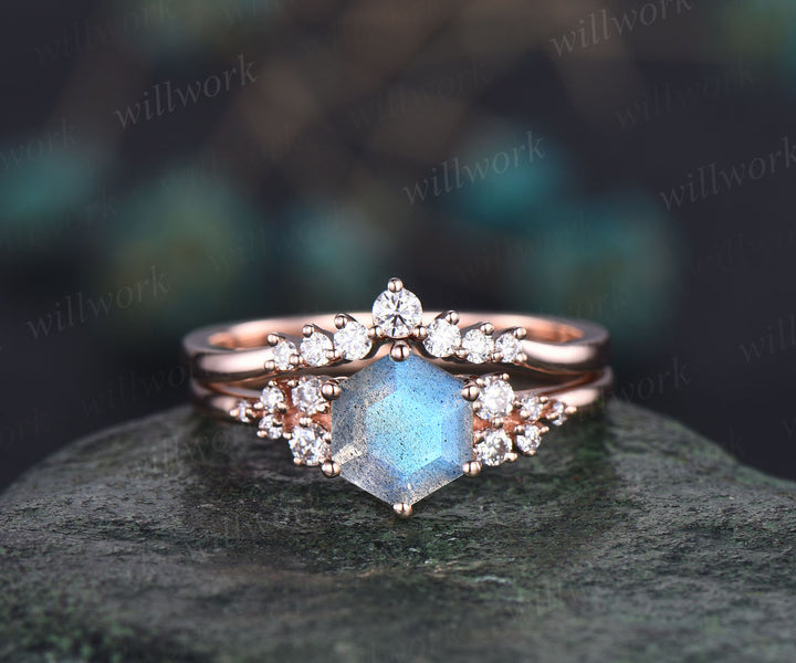 Hexagon blue labradorite engagement ring set unique labradorite snowdrift cluster art deco ring curved moissanite wedding band bridal set for women