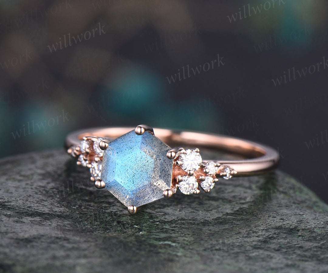 Hexagon blue labradorite engagement ring set unique labradorite snowdrift cluster art deco ring curved moissanite wedding band bridal set for women
