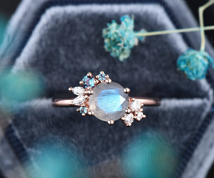 Round cut labradorite engagement ring rose gold unique alexandrites moissanites cluster bridal ring art deco blue gemstone ring for women