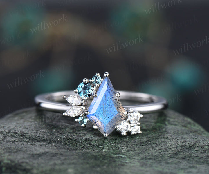 Unique kite cut labradorite engagement ring cluster alexandrite moissanite ring blue gemstone promise bridal ring handmade jewelry gifts
