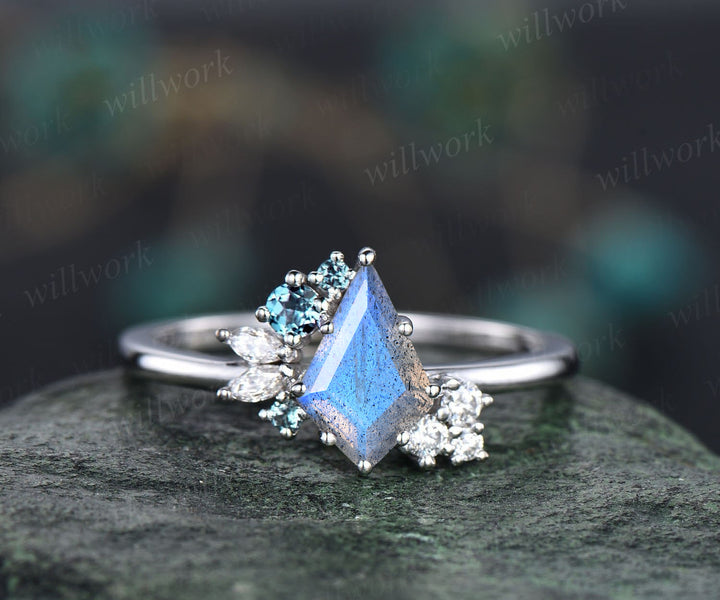 Unique kite cut labradorite engagement ring cluster alexandrite moissanite ring blue gemstone promise bridal ring handmade jewelry gifts