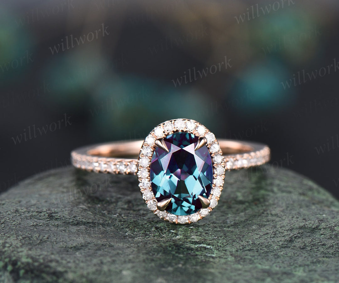 Vintage Unique oval cut Alexandrite engagement ring set rose gold ring set halo diamond ring set art deco bridal wedding ring set for women