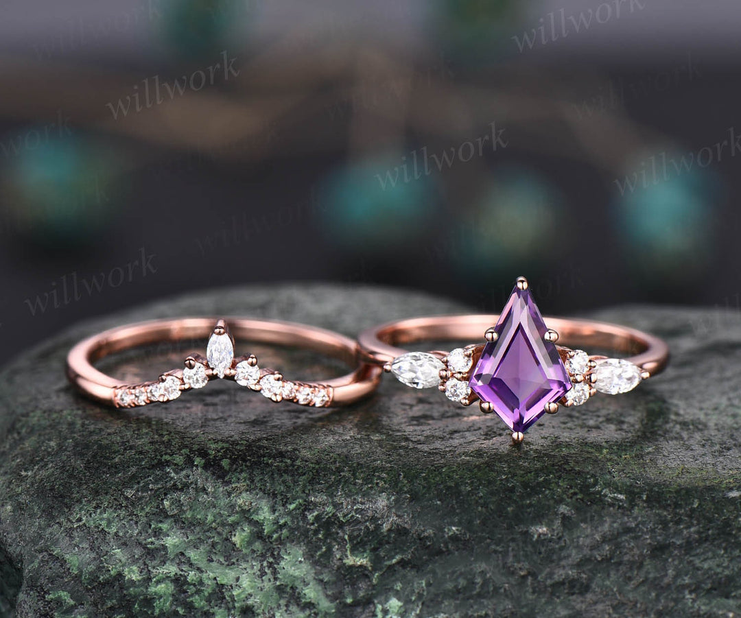 Vintage kite cut amethyst engagement ring art deco rose gold moissanite ring 6 prong bridal wedding ring set women gemstone crystal ring