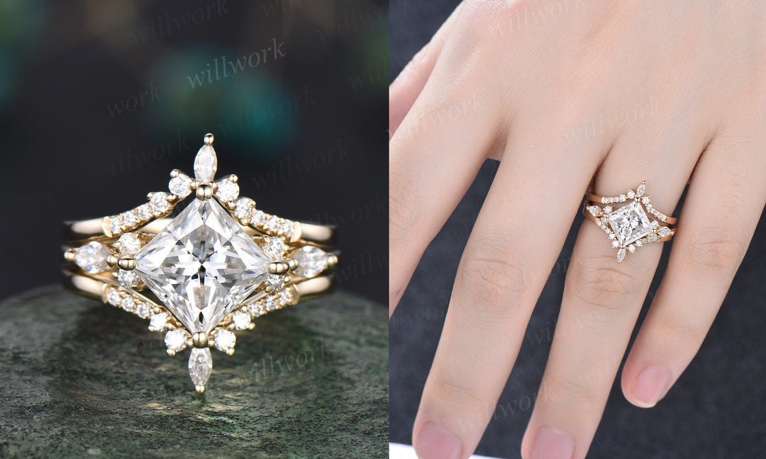 Vintage princess cut moissanite engagement ring set 14k rose gold unique engagement ring marquise cut moissanite ring set fine jewelry women