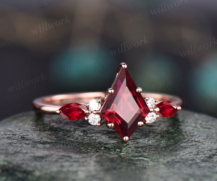Kite cut red ruby engagement ring art deco rose gold moissanite ring marquise cut natural ruby ring vintage wedding bridal ring set women
